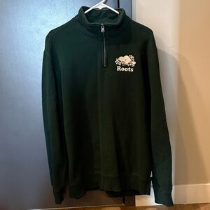 Roots Men's Forest Green Quarter-Zip Sweatshirt with Logo